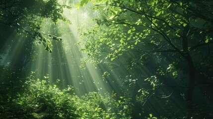 Obraz premium Sunlight Filtering Through the Trees in a Lush Green Forest
