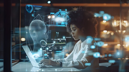 A woman works on a laptop, interacting with a digital AI hologram interface, highlighting futuristic technology and innovation.