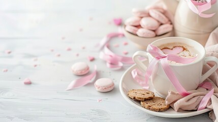 Charity breakfast with pink ribbon decorations, supporting breast cancer awareness, cozy and supportive