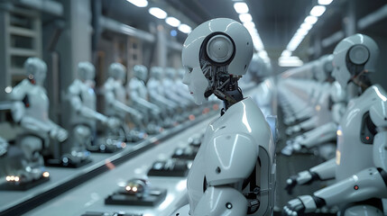 Fototapeta premium Robots line up in an advanced manufacturing facility, highlighting modern automation and precision in high-tech production environments.