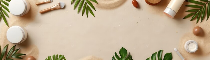 Aesthetic flat lay of natural skincare products surrounded by leaves, perfect for beauty and wellness inspiration.