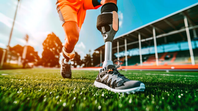 Athlete with Prosthetic Leg Running on Track at Stadium