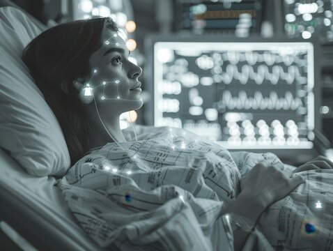 Healthcare Monitoring: Patient in Hospital Bed with IV Drip and Medical Data Overlay.