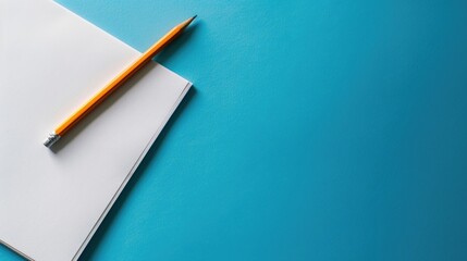 Desk with notepaper and pencil on blue background minimal design