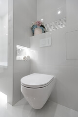 Interior bathroom with white tiles