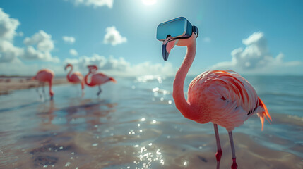 A pink flamingo wearing a virtual reality headset stands on a beach with other flamingos in the background.
