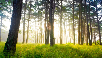 Beautiful Forest in the Morning with Misty Atmosphere and Sunrays Shining Through the Trees Creating a Serene and Magical Landscape