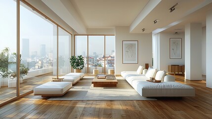 Fototapeta premium Serene Cityscape Sanctuary: A sun-drenched, minimalist living room offers panoramic city views, inviting tranquility and urban sophistication. 
