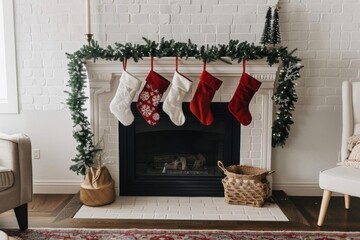 A cozy Christmas fireplace decorated with festive stockings and garland, creating a warm holiday atmosphere.