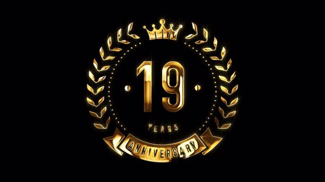 19th Anniversary Celebration. Happy 19 Years Anniversary Animation in Gold Color on the Transparent Background, Alpha Channel. Great for greetings, celebrations, events, and gifts.