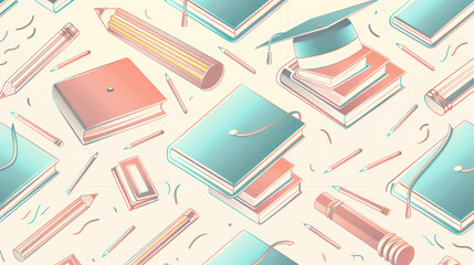 Pastel Stationery Pattern with Pencils and Notebooks