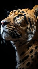 Obraz premium head profile closeup of spotted cheetah isolated on black background with copyspace area 