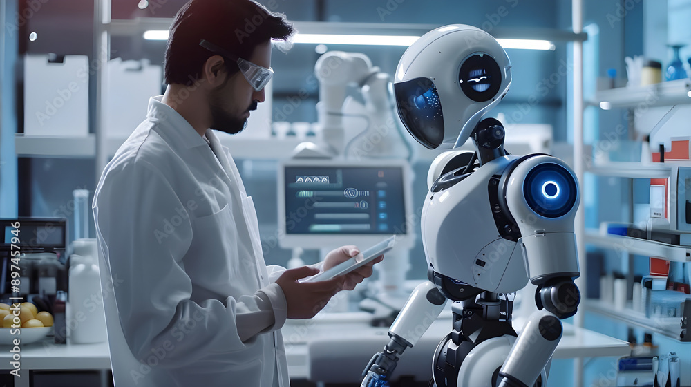 Poster A scientist in a lab coat interacts with an advanced AI robot in a high-tech laboratory, showcasing cutting-edge technology.