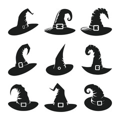 A set of Halloween witch hat silhouette vector