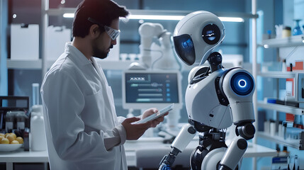 A scientist in a lab coat interacts with an advanced AI robot in a high-tech laboratory, showcasing cutting-edge technology.