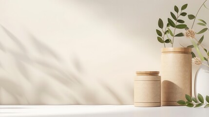 A serene arrangement of natural containers and greenery on a minimalist surface, perfect for decor and lifestyle inspiration.