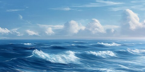 Fototapeta premium Tranquil ocean waves under a blue sky with scattered clouds, evoking peaceful and serene maritime scenery.