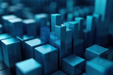 Close-up of 3D cyan blocks in a stock market graph, symbolizing business growth on a navy blue background.