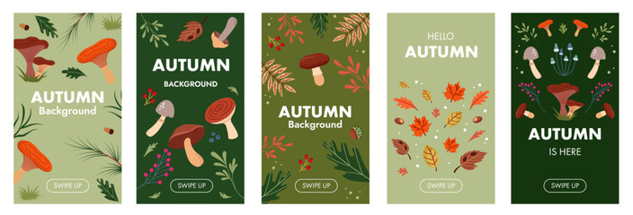 Fototapeta premium Vector collection of autumn backgrounds with space for copying text. Bright banners, posters, design templates on social networks with leaves and mushrooms on green color background.