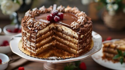 a very big cake with chocolate cream