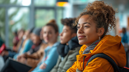 A telephoto angle photo of a group of people sitting in a queue on a bench, engaged in lively conversation, with copy space