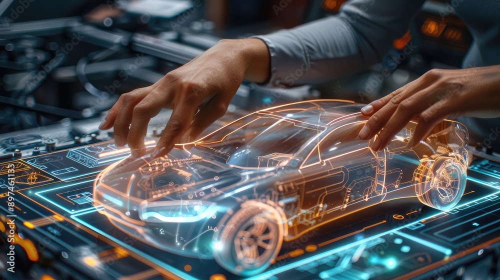 Poster a close-up of hands working on a plastic cover for an automobile, the main focus are elements repres