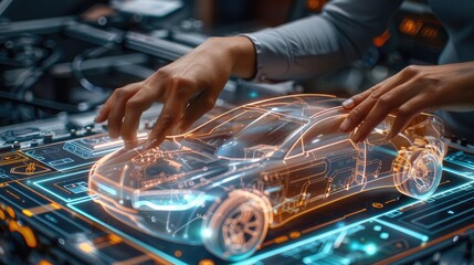 A close-up of hands working on a plastic cover for an automobile, the main focus are elements representing the automotive, holographic elements, futuristic. technical diagrams and measurements.