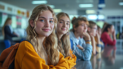 Obraz premium A telephoto angle photo of students sitting in a queue at the school office, discussing their day, with copy space