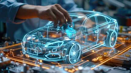 A close-up of hands working on a plastic cover for an automobile, the main focus are elements representing the automotive, holographic elements, futuristic. technical diagrams and measurements.