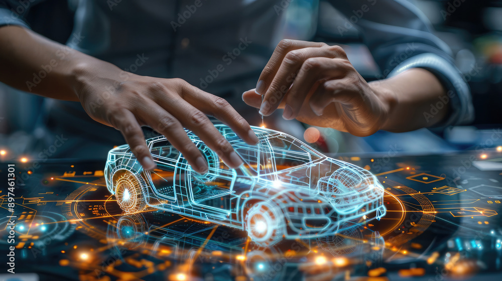 Aufkleber A close-up of hands working on a plastic cover for an automobile, the main focus are elements representing the automotive, holographic elements, futuristic. technical diagrams and measurements.