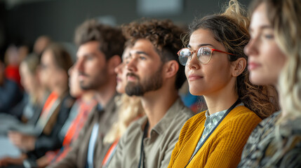 Fototapeta premium A telephoto angle photo of participants at a workshop, sitting in a queue and sharing thoughts, with copy space