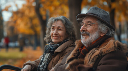 Fototapeta premium A telephoto angle photo of neighbors sitting on a bench in a park, chatting and laughing, with copy space