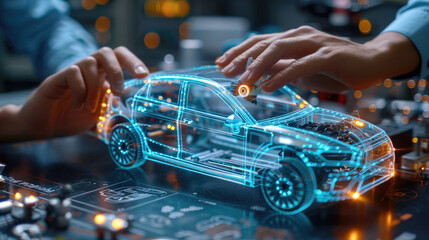 A close-up of hands working on a plastic cover for an automobile, the main focus are elements representing the automotive, holographic elements, futuristic. technical diagrams and measurements.