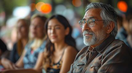 A telephoto angle photo of people seated at a community center, engaging in animated conversation, with copy space