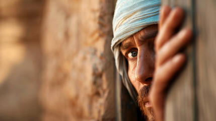 A man peering through wooden planks, depicting the biblical scene of Rahab hiding spies in Jericho, capturing an atmosphere of suspense and secrecy in an ancient context.