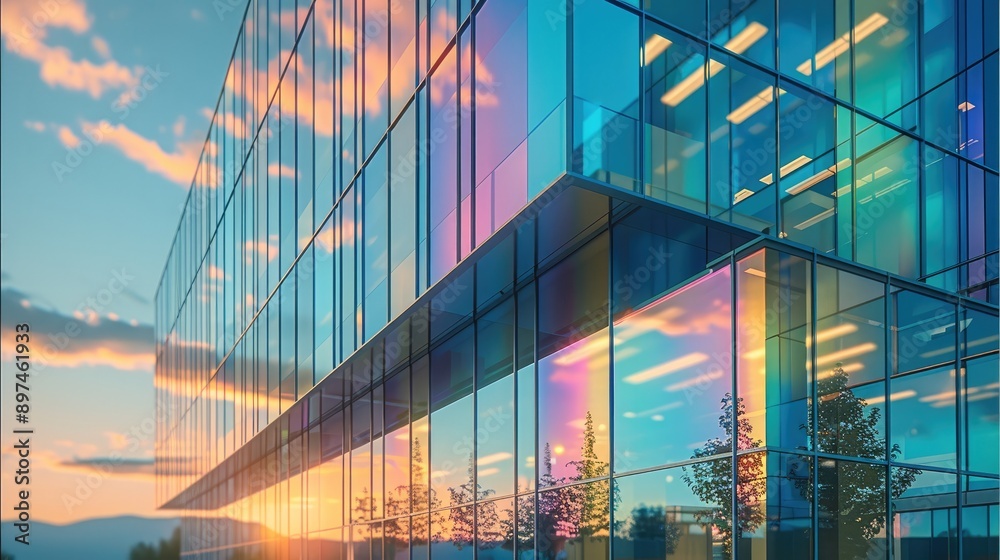 Aufkleber new office building with iridescent glass panels hanging airily in front of the facade. generative a