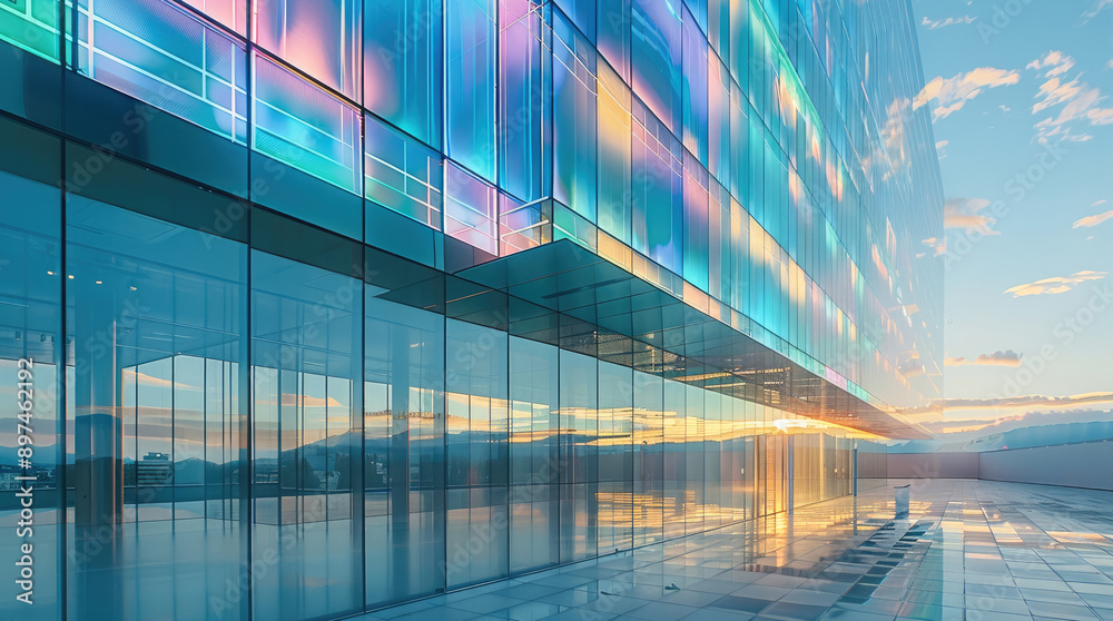 Poster new office building with iridescent glass panels hanging airily in front of the facade. generative a