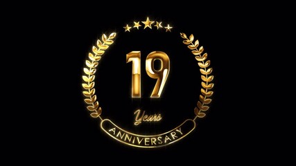 19th Anniversary Celebration. Happy 19 Years Anniversary Animation in Gold Color on the Transparent Background, Alpha Channel. Great for greetings, celebrations, events, and gifts.