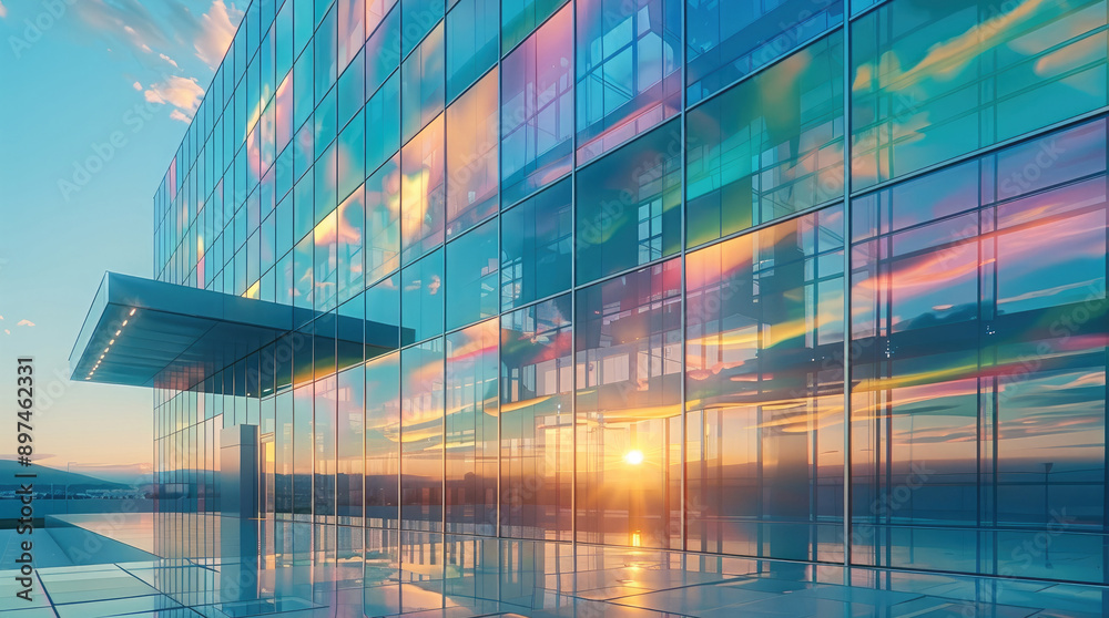 Aufkleber New office building with iridescent glass panels hanging airily in front of the facade. Generative AI.