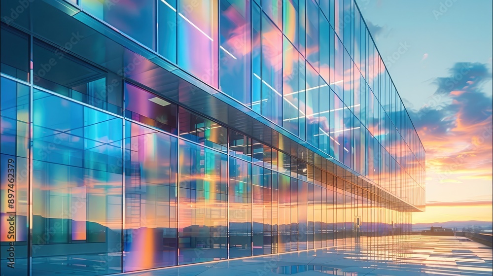 Poster new office building with iridescent glass panels hanging airily in front of the facade. generative a