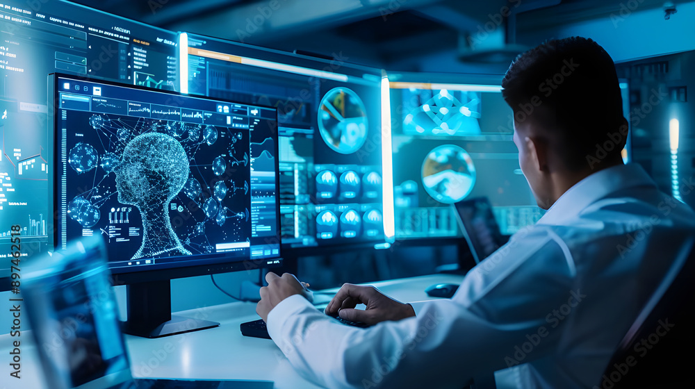 Fototapete A data scientist working in a futuristic lab, analyzing AI and neural networks on multiple screens filled with complex data visualizations.