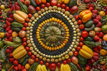 Fruit and vegetable mandala, overhead view, with copy space