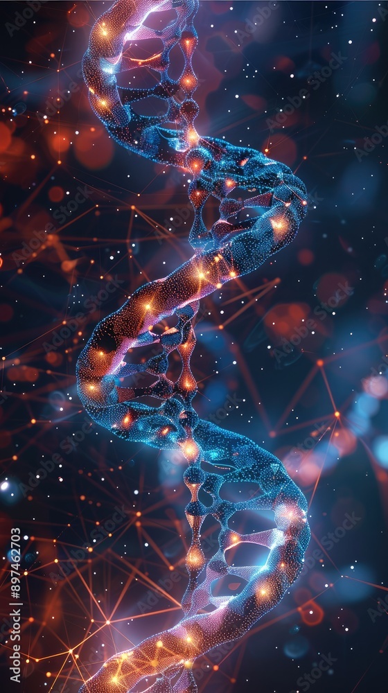 Leinwandbilder A futuristic DNA double helix intertwined with glowing AI neural network patterns, representing the integration of artificial intelligence in bioinformatics, vibrant colors. Generative AI.