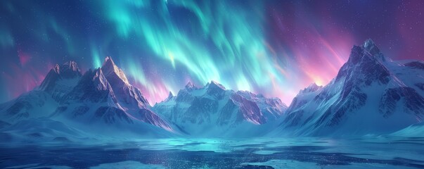 Ethereal aurora dancing over snowy mountains, 4K hyperrealistic photo