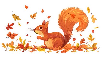 Obraz premium Autumn Squirrel with Falling Leaves