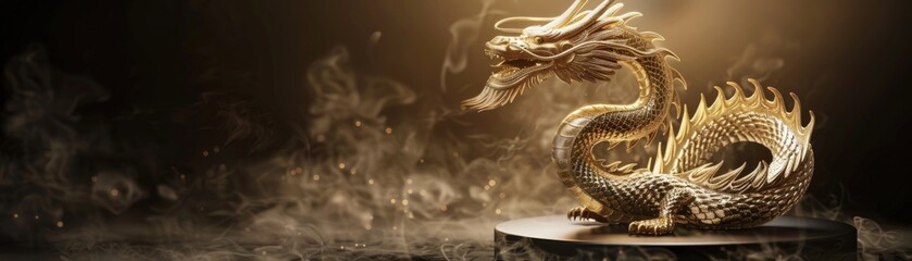 Fototapeta premium A gold dragon is sitting on a black pedestal