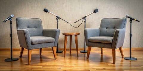 Two Grey Armchairs with Microphones, Wooden Table and Hardwood Floor, Studio Setup, Interior Design , podcast, interview, recording