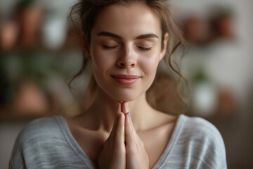 Obraz premium Close-up of a calm young Caucasian woman with eyes closed and hands in a prayer gesture