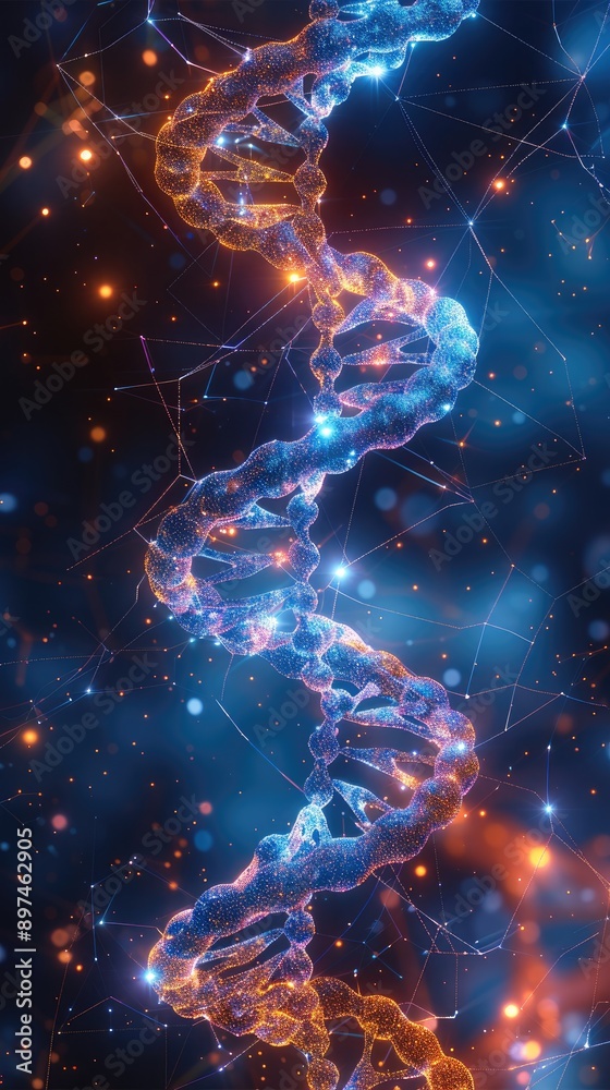 Leinwandbilder A futuristic DNA double helix intertwined with glowing AI neural network patterns, representing the integration of artificial intelligence in bioinformatics, vibrant colors. Generative AI.