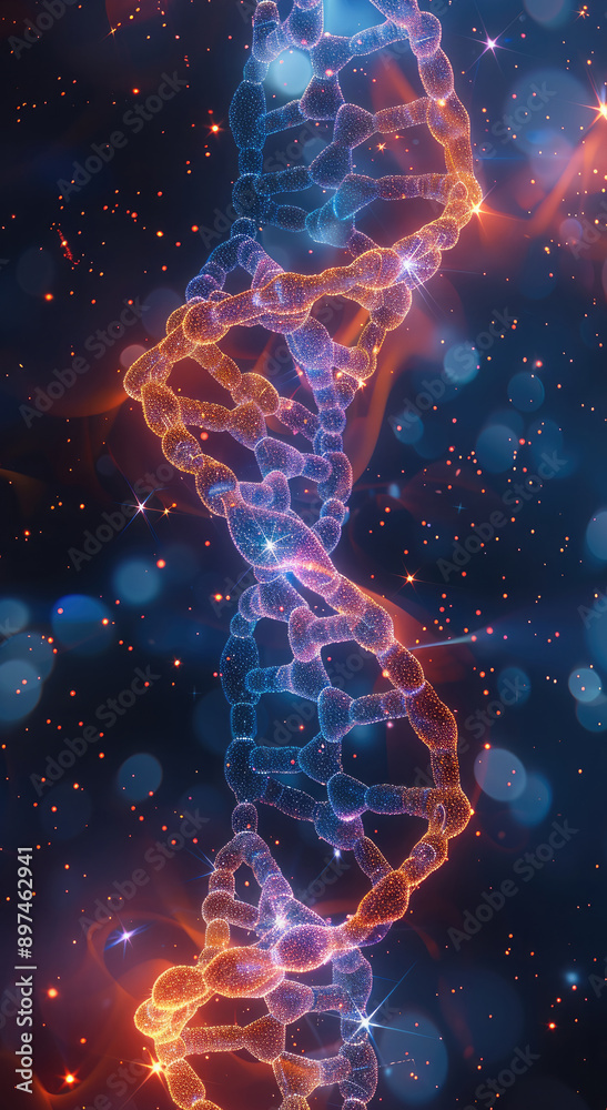 Poster A futuristic DNA double helix intertwined with glowing AI neural network patterns, representing the integration of artificial intelligence in bioinformatics, vibrant colors. Generative AI.
